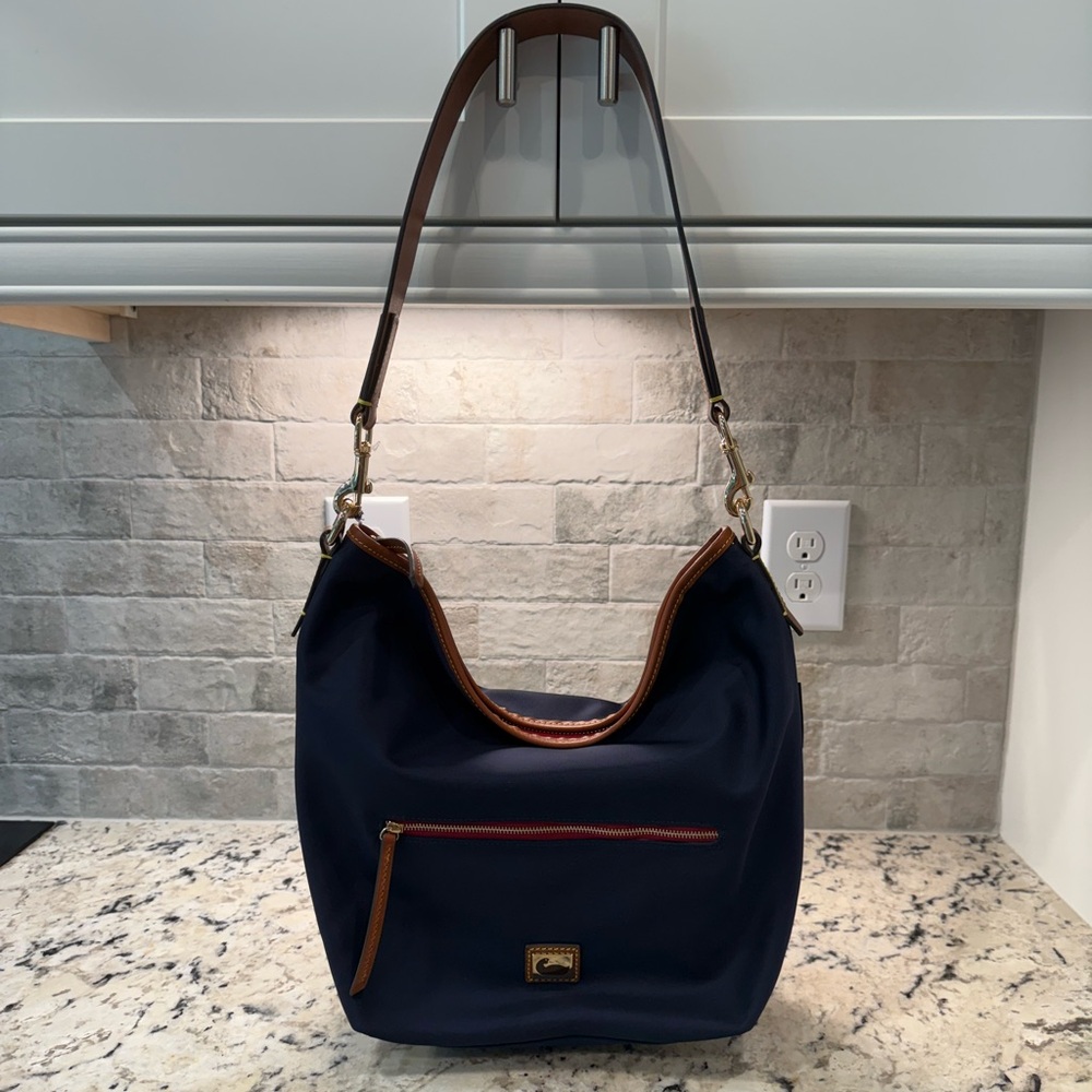 Dooney & Bourke NWT Navy and Brown Canvas Hobo Bag - Picture 1 of 8